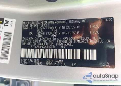 2022 Toyota Highlander Xle z USA, uszkodzony, nr VIN 5TDGZRAH6NS106731